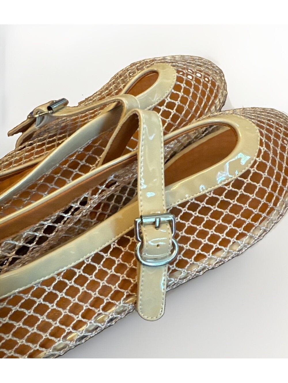 New Beige Mesh Mary Jane Buckle Strap Flats Shoes Ladies Size 10 - Picture 4 of 5